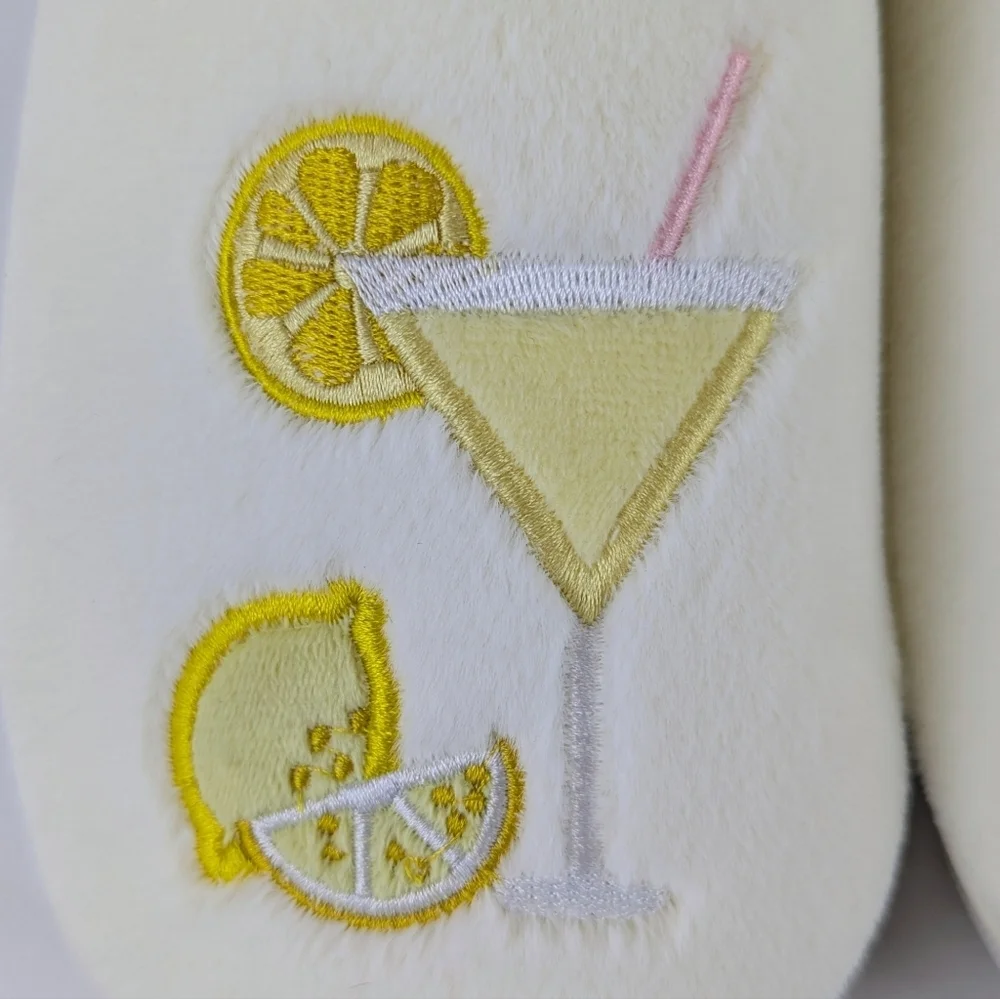 Slippers Lemon Drop Martini Embroidery Faux Fur Slip On Ivory M (6.5-7.5) NWT - Picture 2 of 13
